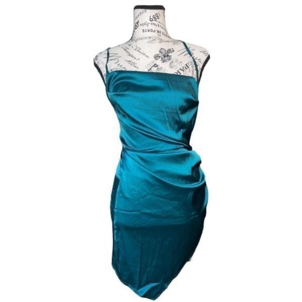 SHEIN SXY Womens XS Emerald Draped Collar Tulip Hem Mini Dress Y2K Bodycon Party - Picture 2 of 9